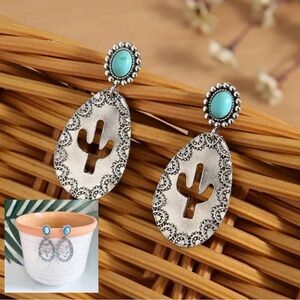 3/$22🩶 Hollow Cactus Silver Earrings Turquoise Stone Southwestern Desert NEW